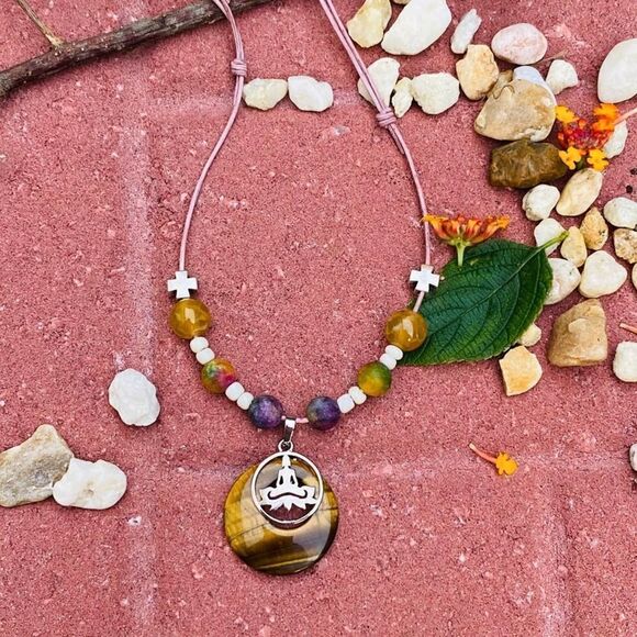 Tigers Eye Yoga Gemstone Leather Adjustable Necklace - Picture 2 of 5